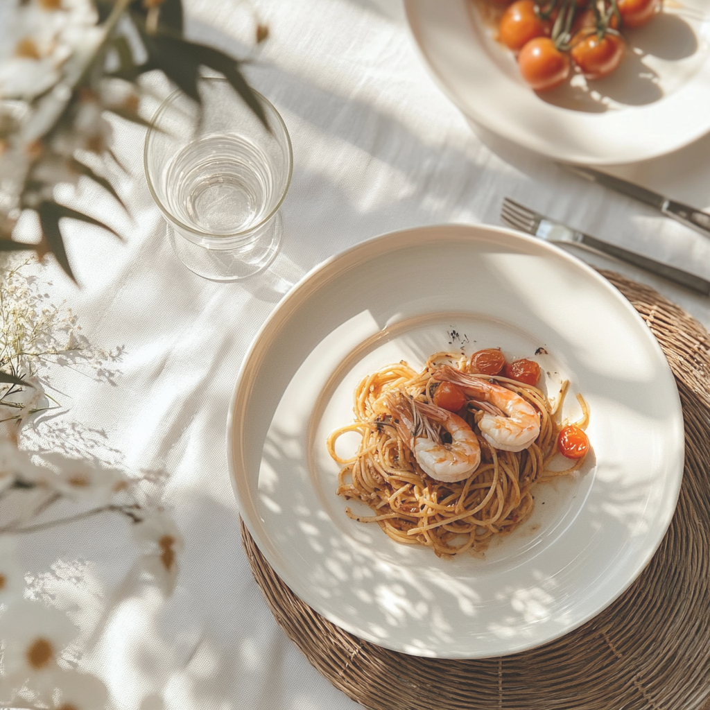 Pasta mit Gambas und Tomatensoße auf Teller angerichtet