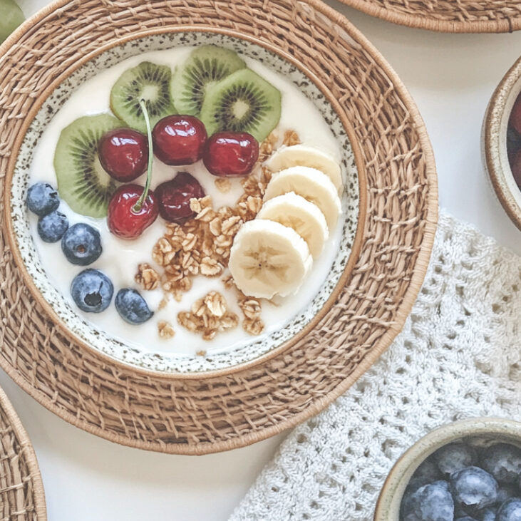 Müsli, Joghurt und Früchte in einer Schüssel angerichtet