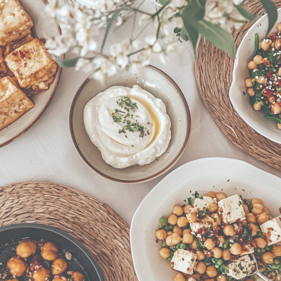 Verschiedene Schalen und Teller mit Tofu, Kichererbsen, Feta, Joghurtcreme und Salaten